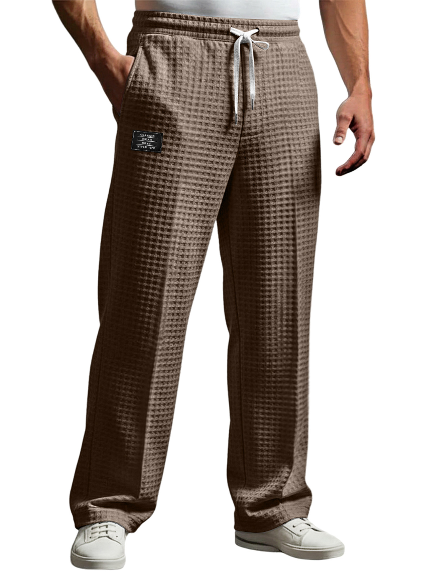 Men's Waffle Embroidered Logo Casual Loose Trousers