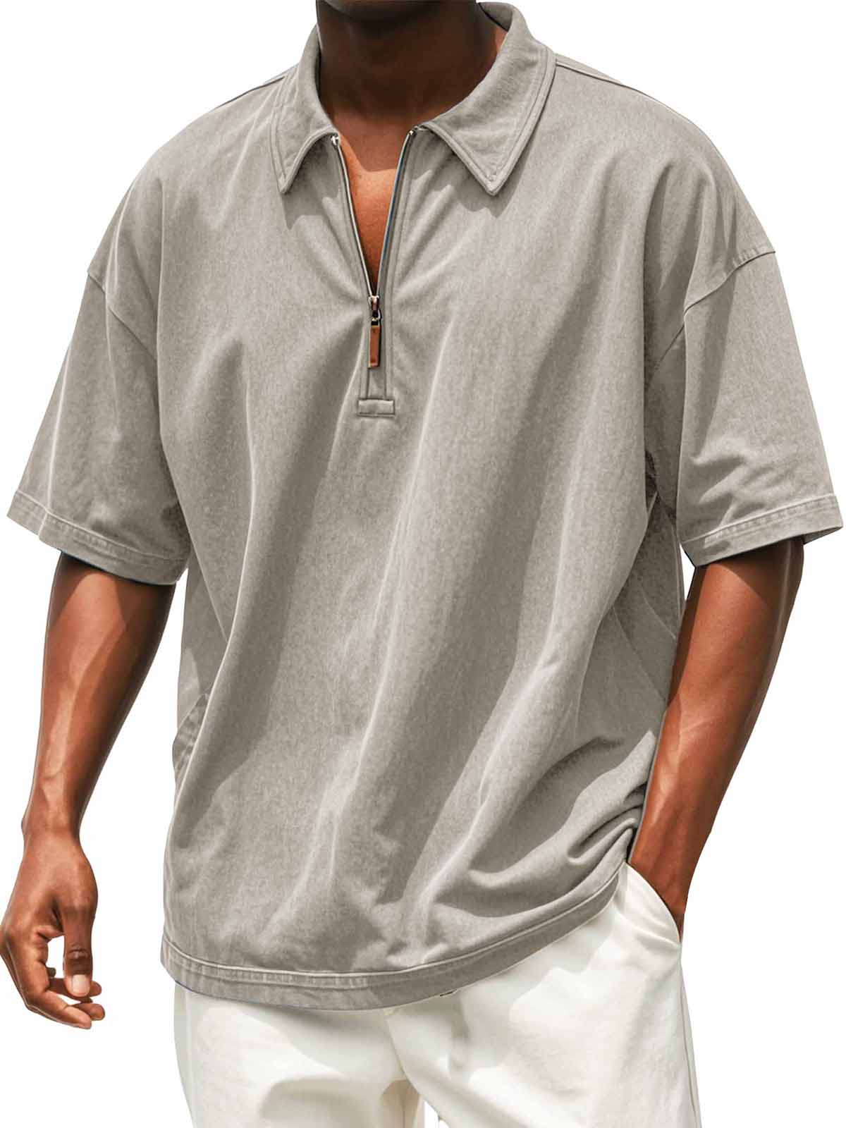 Men's Retro Distressed Zip Short Sleeve Polo Shirt