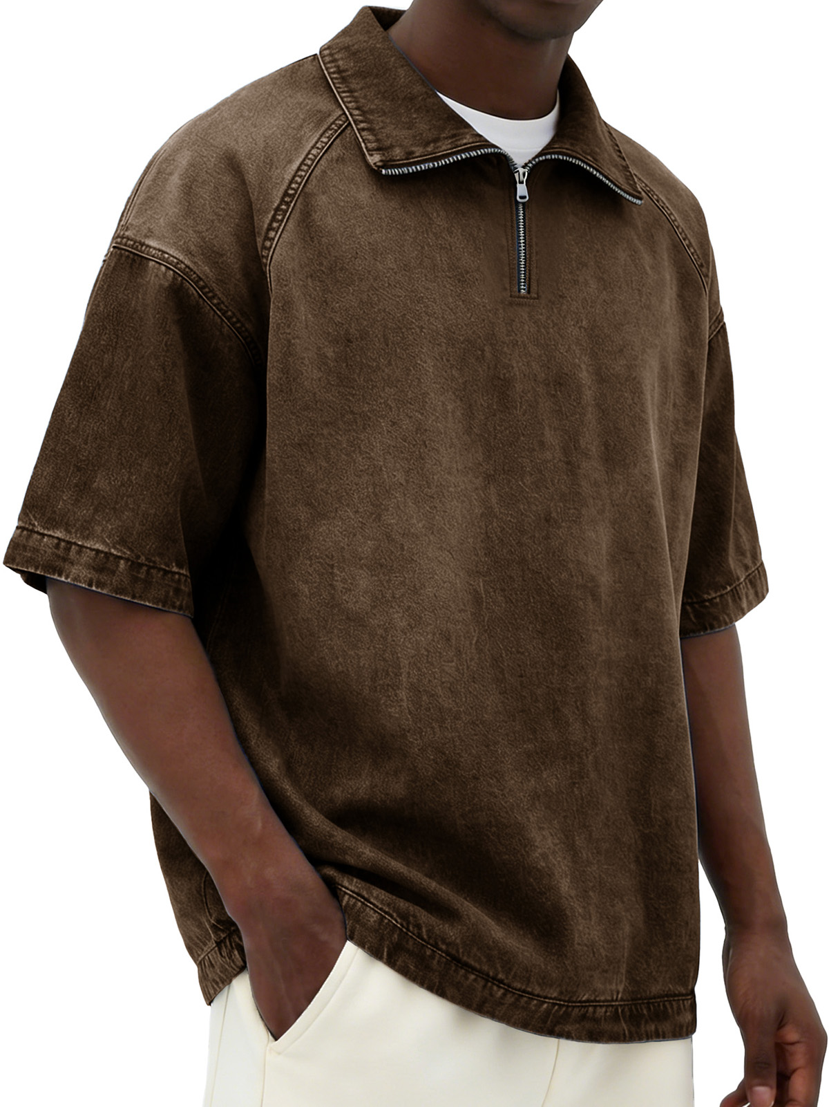 Men's Retro Distressed Zipper Raglan Collar Loose-Fit Short-Sleeve Polo Shirt