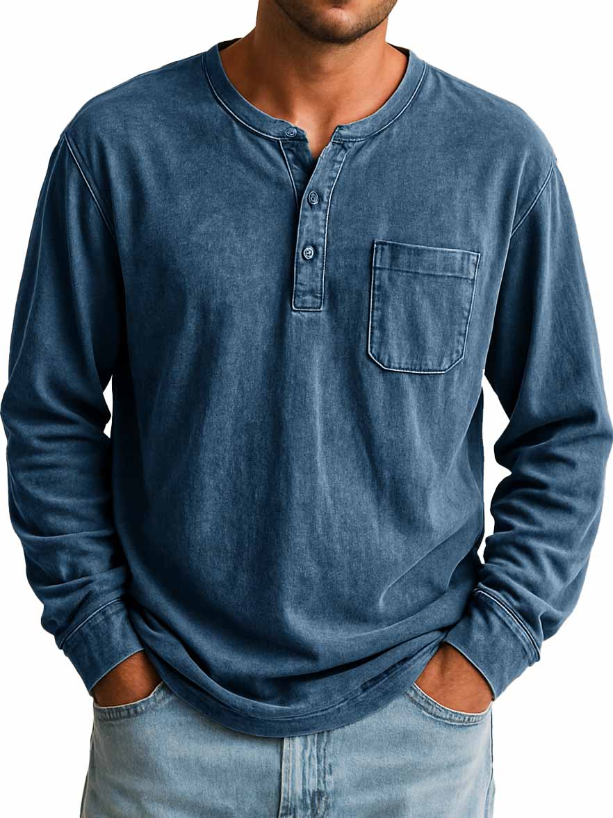 Men's Stylish Retro Outdoor Distressed Pocket Stand Collar Long-sleeved Henley Shirt
