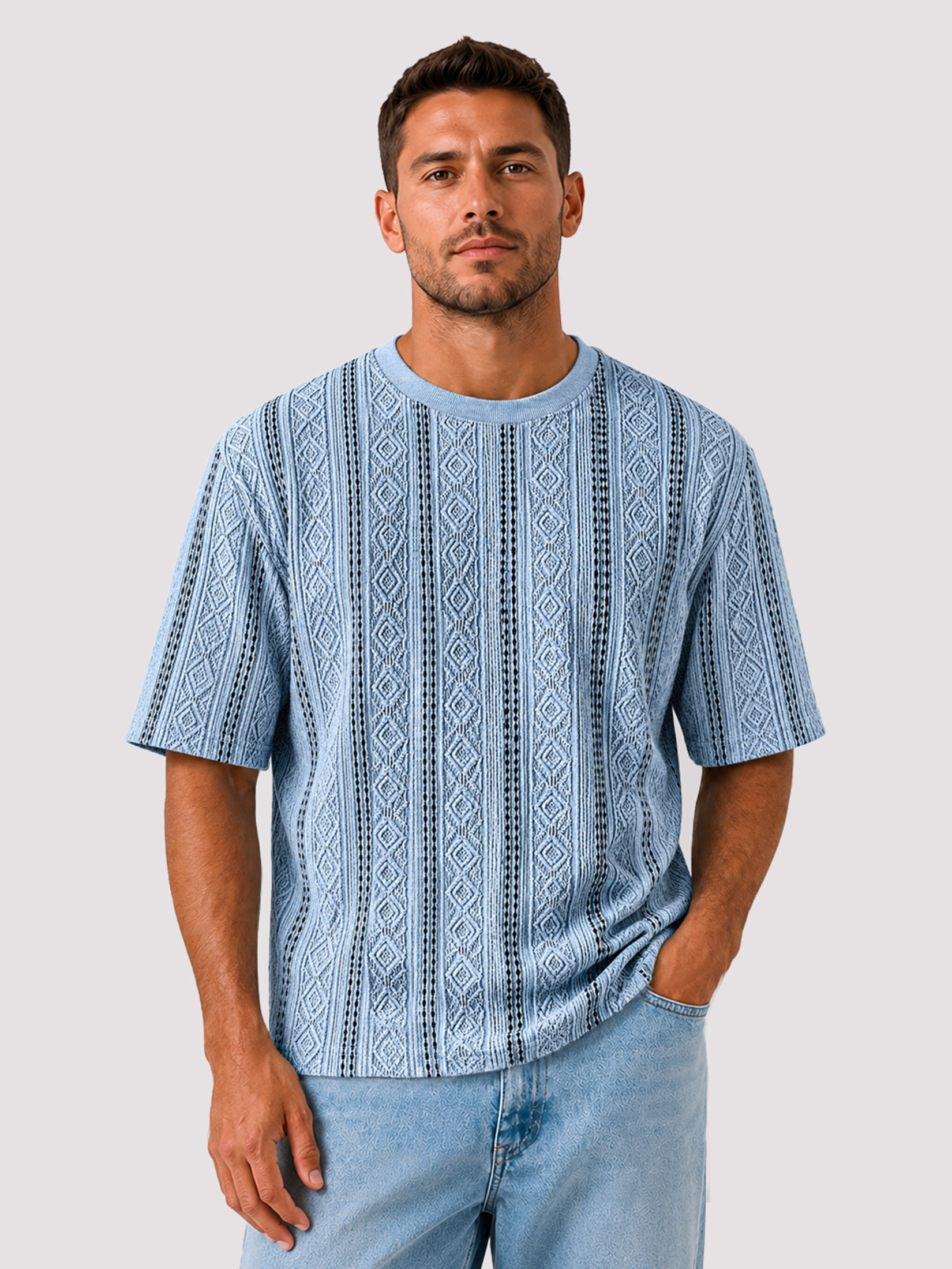 Men's Solid-Color Short-Sleeve Crew-Neck T-Shirt with Jacquard Texture