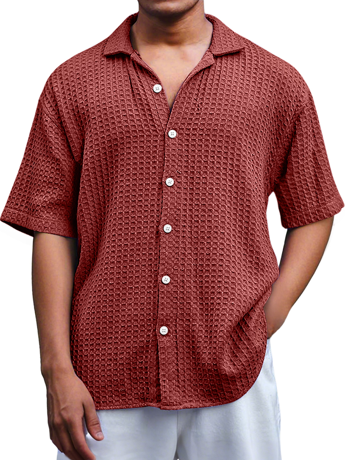 Men's Everyday Waffle Casual Lapel Comfort Short Sleeve Shirt