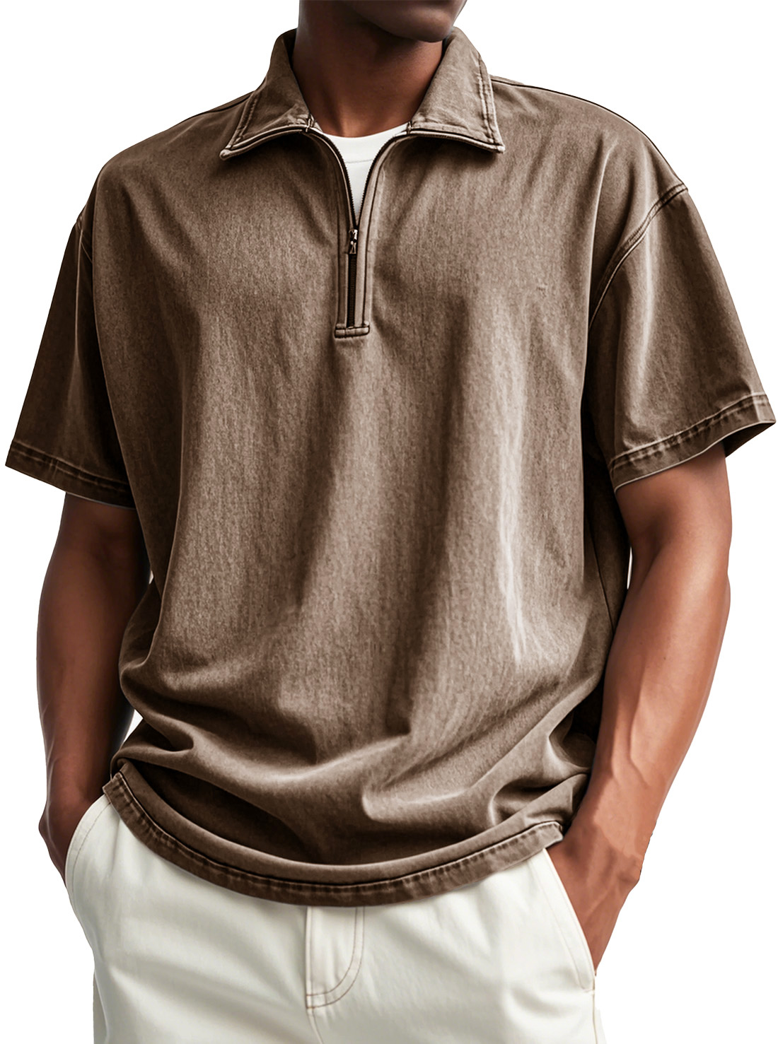 Men's Fashion Retro Distressed Short Sleeve Stand Collar Zip Polo Shirt