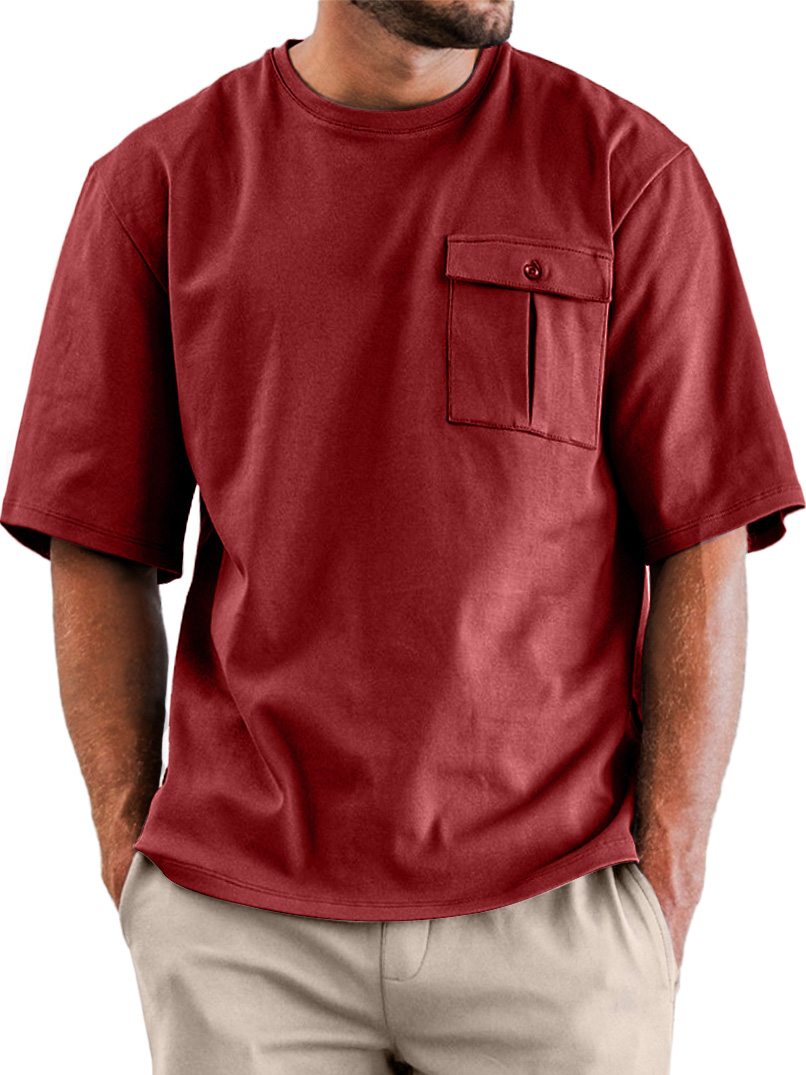 Men's Daily Round Neck Pocket Casual Solid Color Short Sleeve T-shirt