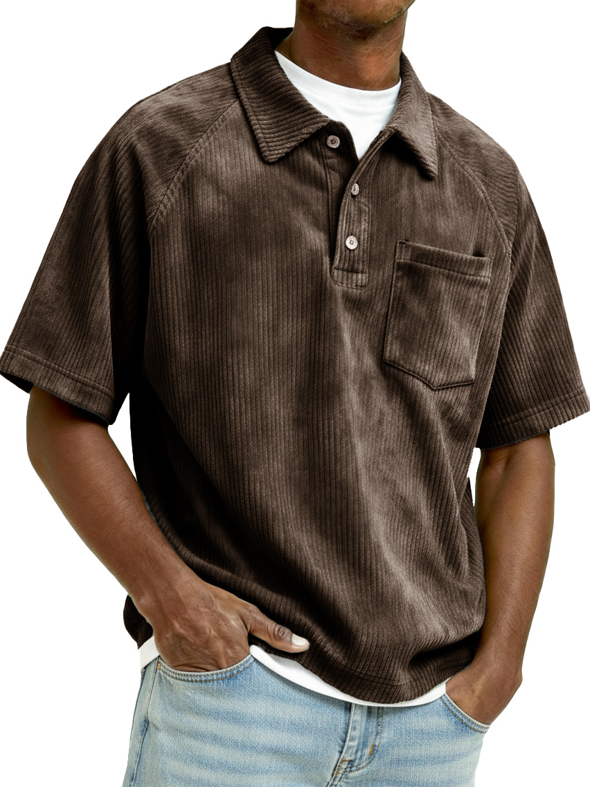 Men's Retro Raglan Corduroy Loose Pocket Short-Sleeve Polo Shirt