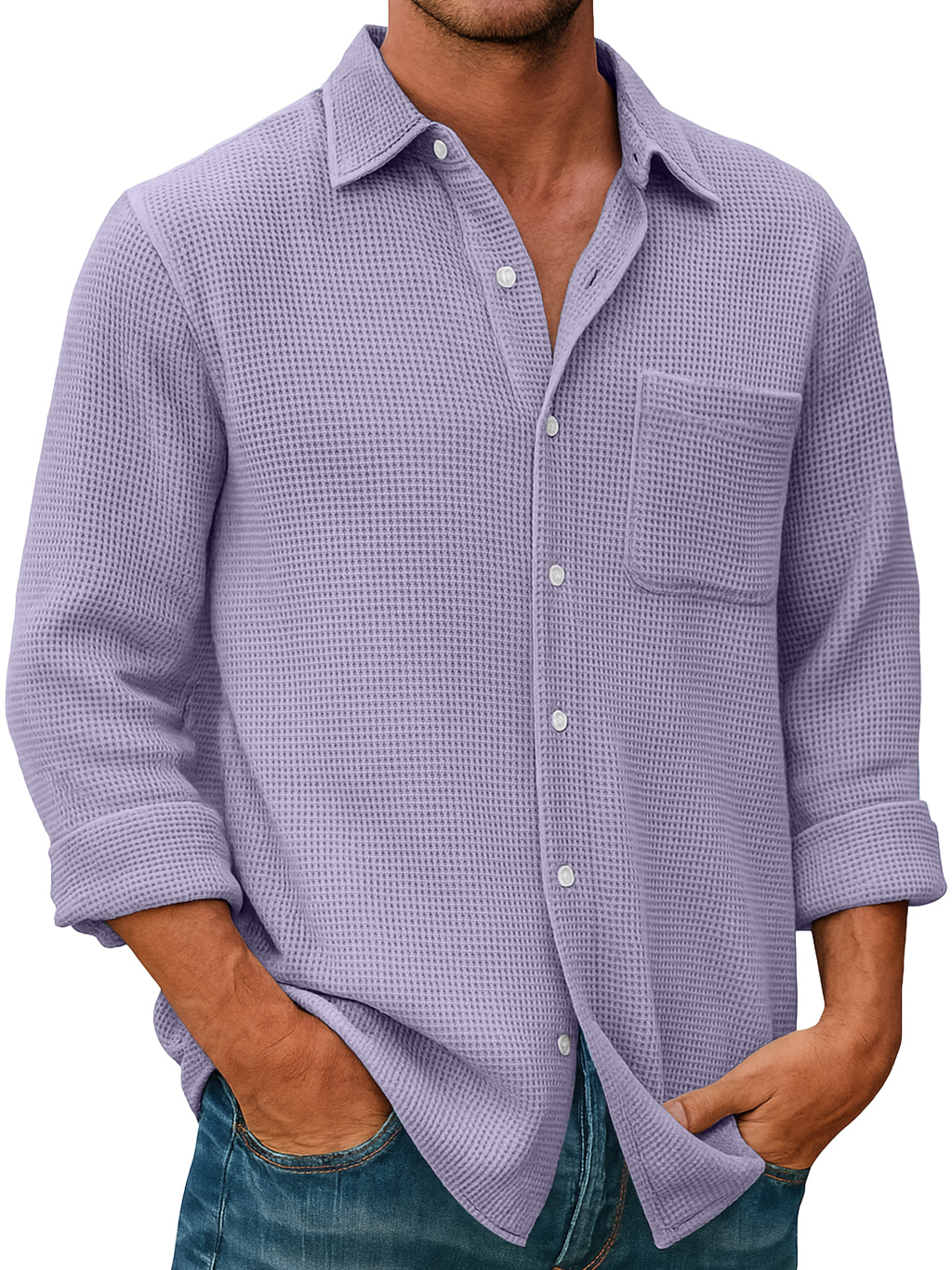 Men's Waffle Everyday Casual Pocket Comfort Long Sleeve Shirt