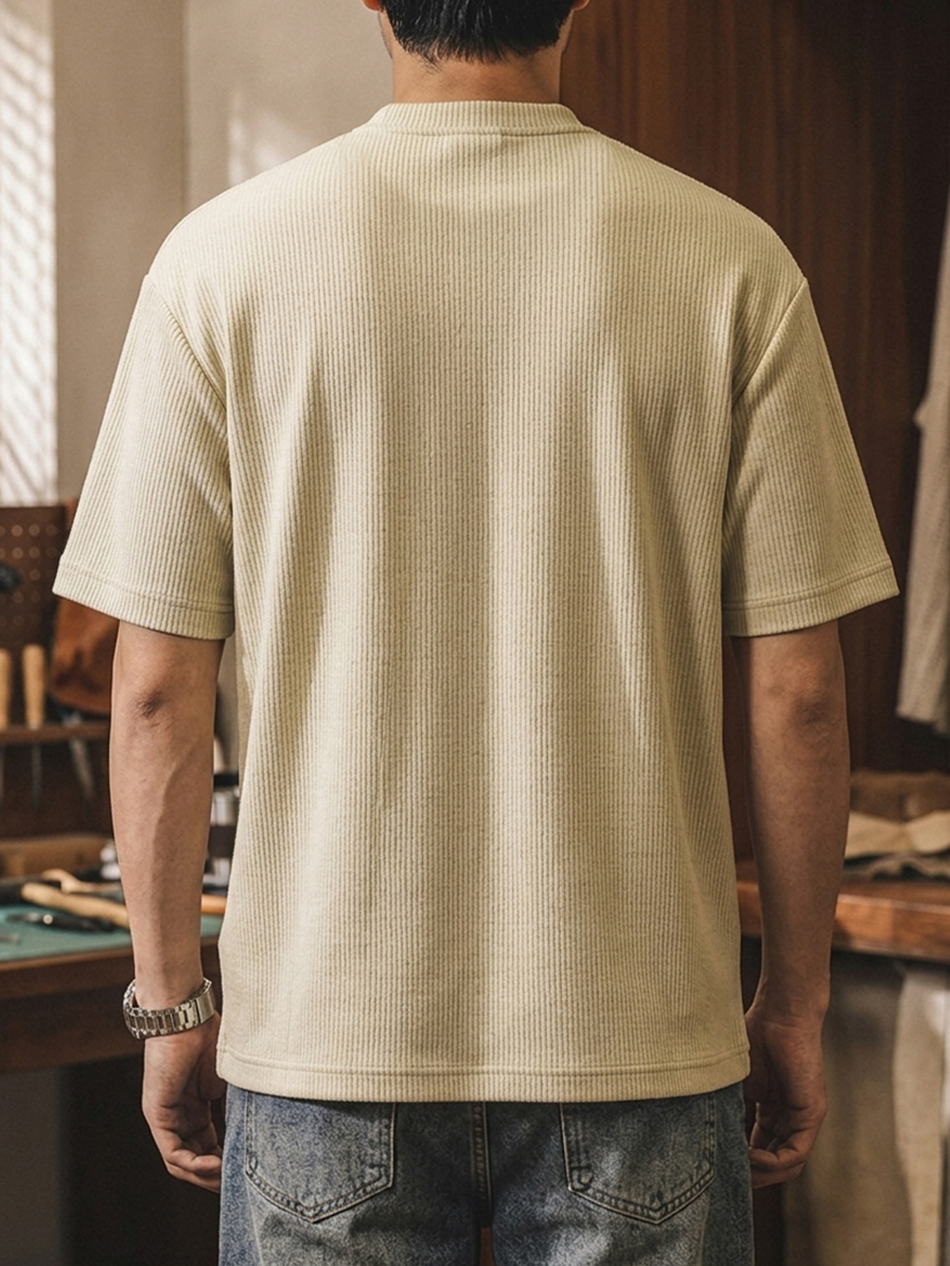 Men's Ribbed V-neck Crossover Design Casual Short-sleeve T-shirt