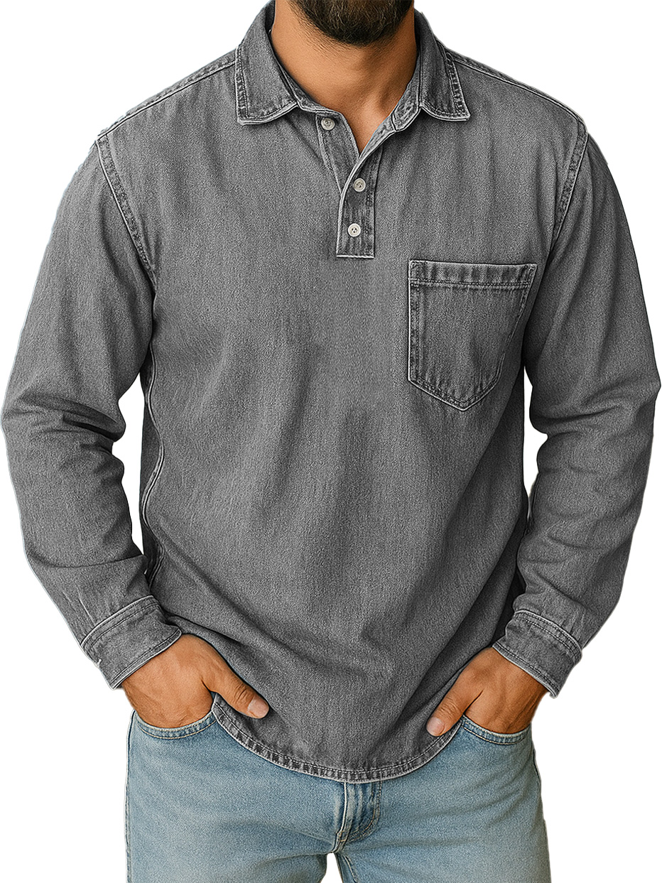 Men's Stylish Vintage Distressed Pocket Lapel Long-sleeved Polo Shirt