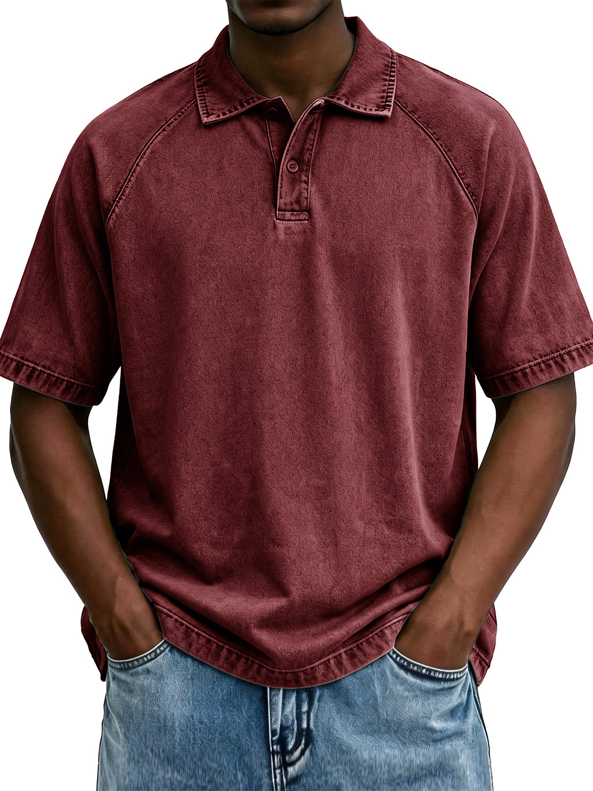 Men's Fashionable Raglan Distressed Collared Loose Short-Sleeve Polo Shirt