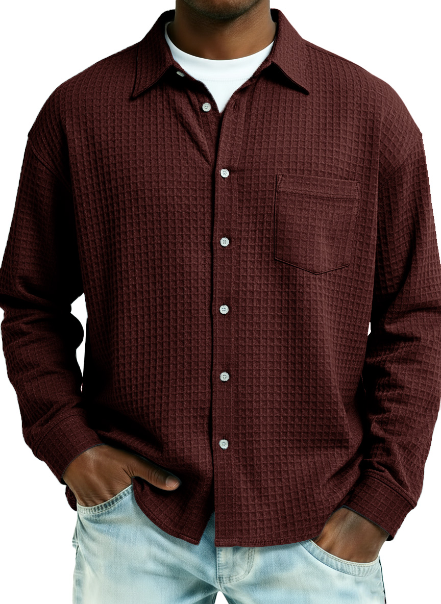 Men's Fashionable Retro Large Waffle Fabric Pocket Long-Sleeved Collared Shirt