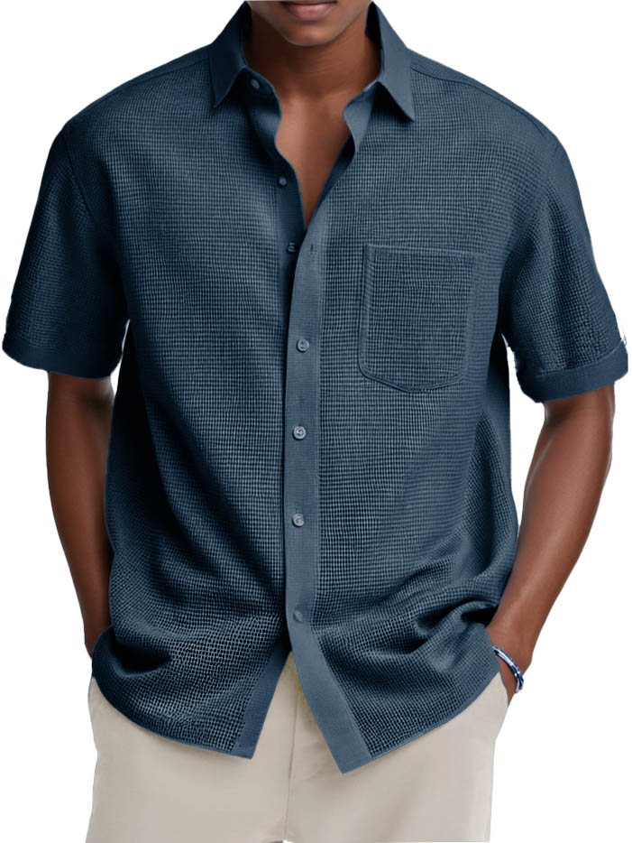 Men's Fashion Casual Retro Waffle Fabric Pocket Short-sleeved Shirt