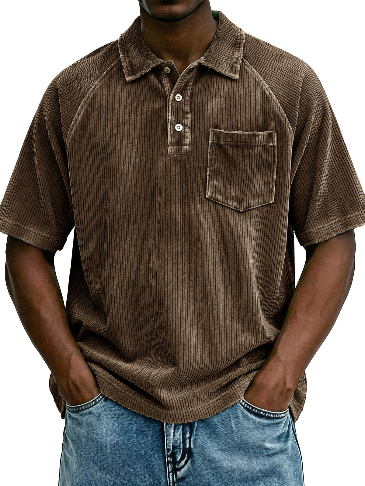 Men's Retro Raglan Pocket Zipper Loose Short-Sleeve Polo Shirt
