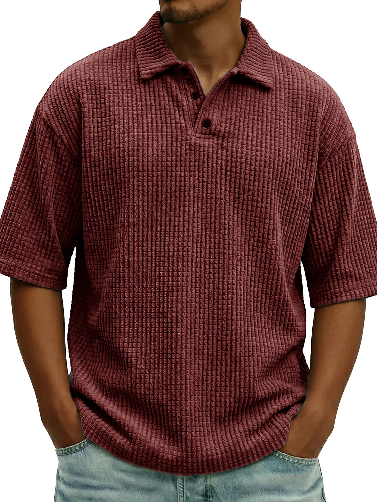 Men's Fashionable Casual Waffle Knit Collar Short-Sleeve Polo Shirt