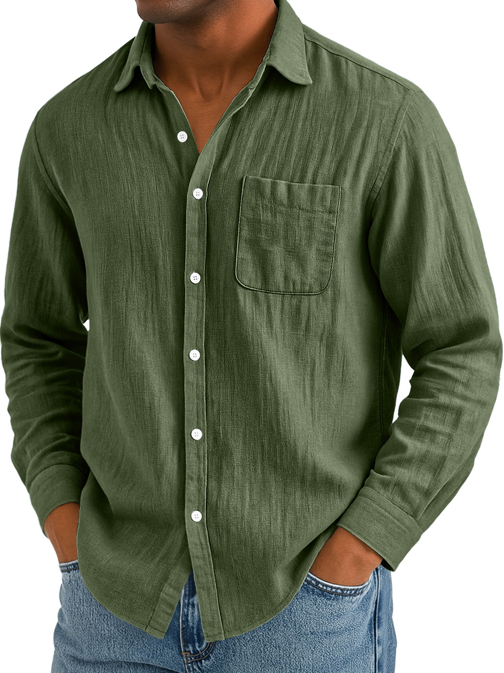 Men's Daily Casual Cotton And Linen Pocket Comfortable Long-sleeved Shirt