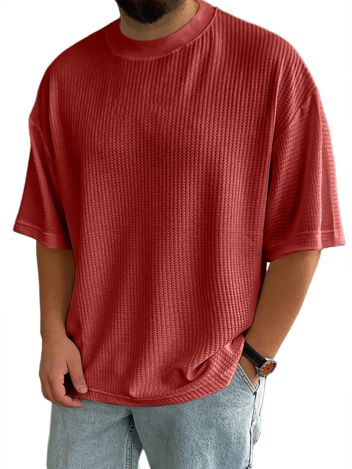 Men's Casual Textured Round Neck Solid Color Short-sleeved T-shirt