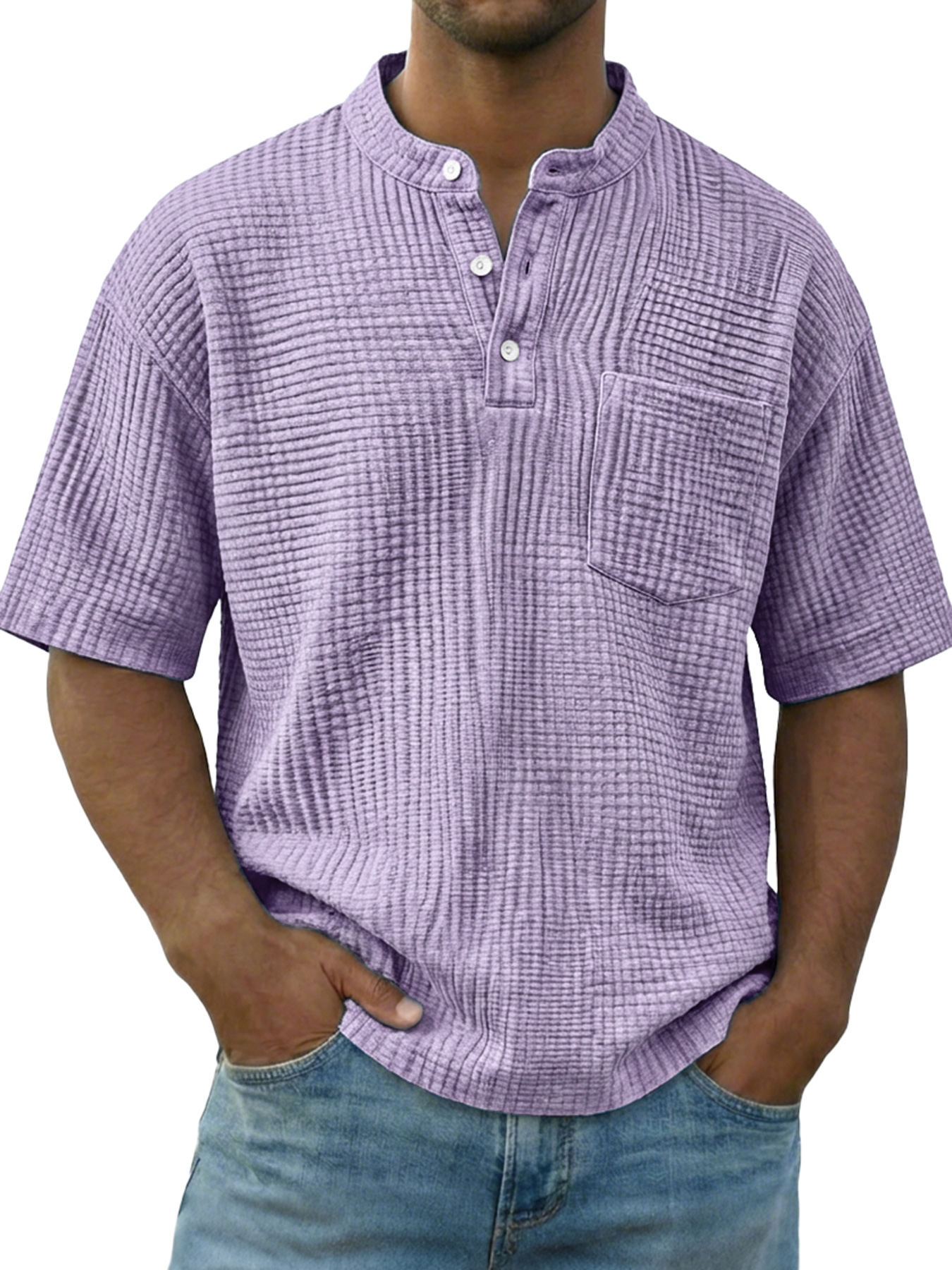 Men's Casual Wrinkled Comfortable Short-sleeved Henley Shirt With Pockets