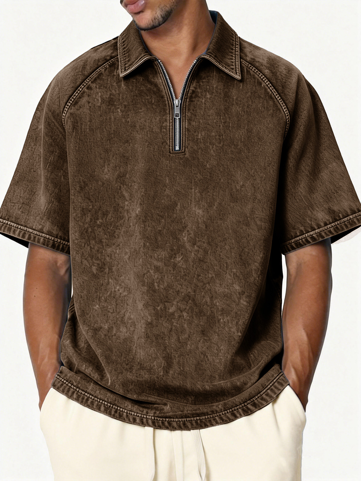 Men's Retro Distressed Raglan Collar Zipper Loose Short-Sleeve Polo Shirt