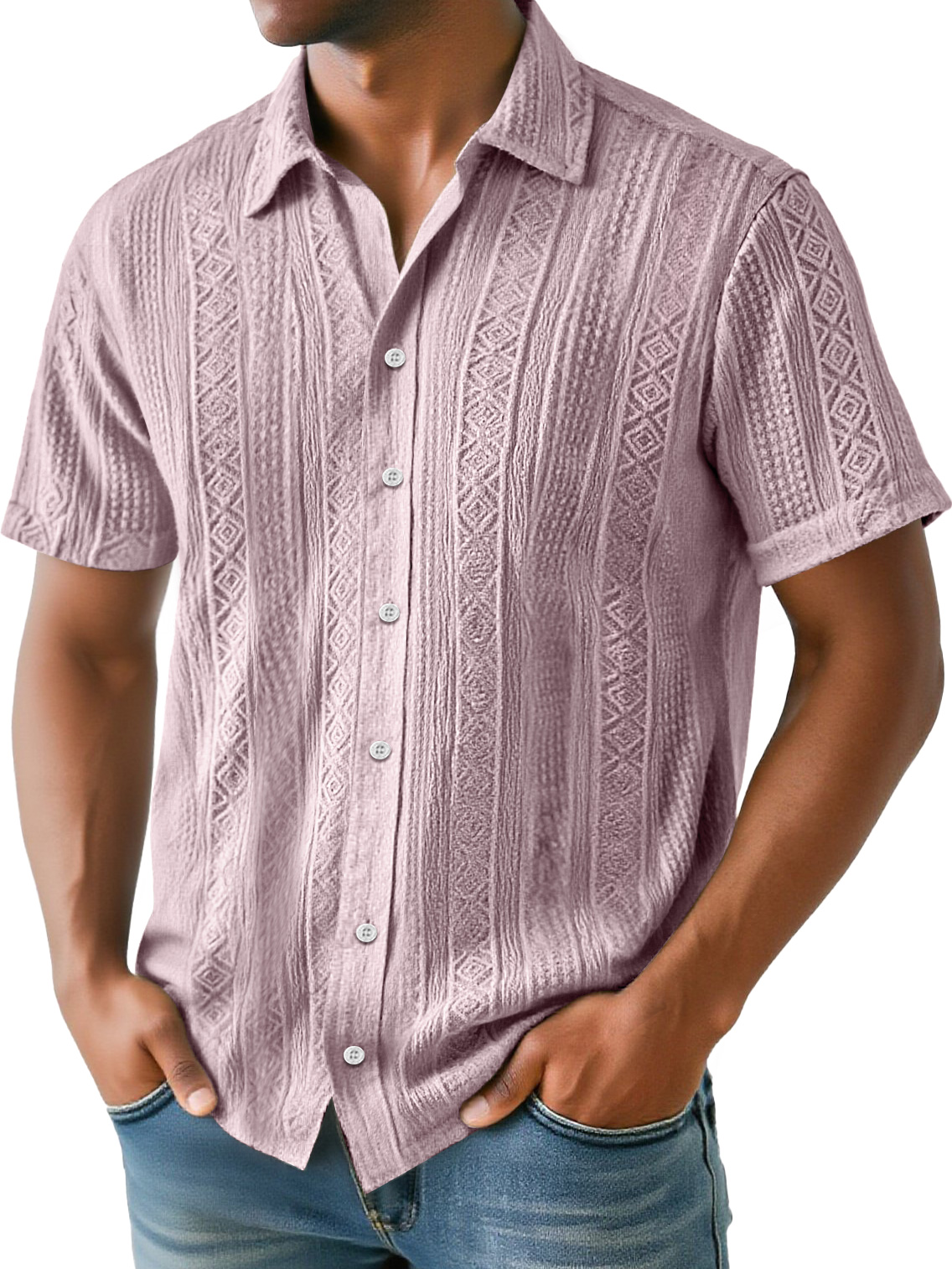 Men's Daily Simple Jacquard Texture Casual And Comfortable Solid Color Short-sleeved Shirt