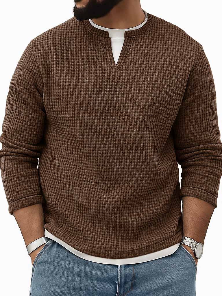 Men's Stylish Vintage Waffle Fabric V-neck Simulated Two-piece Loose-fitting Long-sleeved T-shirt