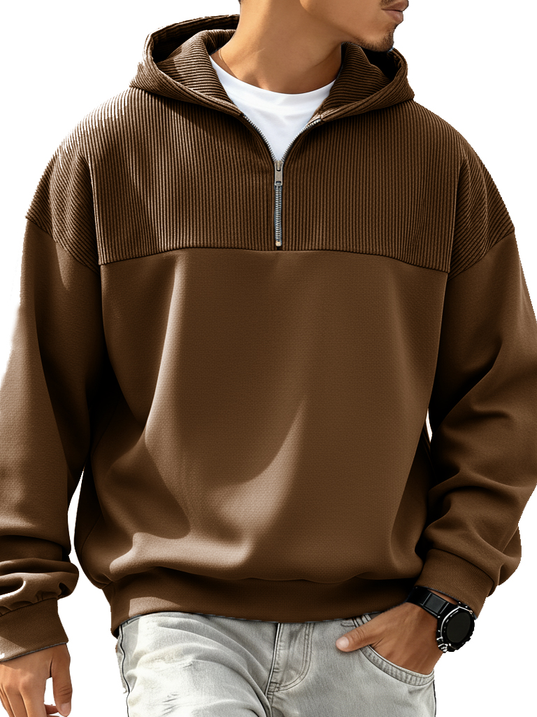 Men's Fashion Casual Patchwork Ribbed Fabric Long-Sleeve Hooded Zipper Top
