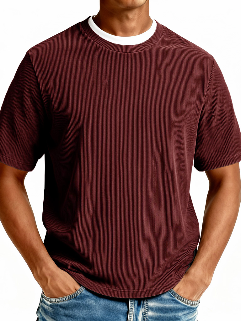Men's Fashionable Casual Ribbed Fabric Faux Two-Piece Short-Sleeve Crew Neck T-Shirt