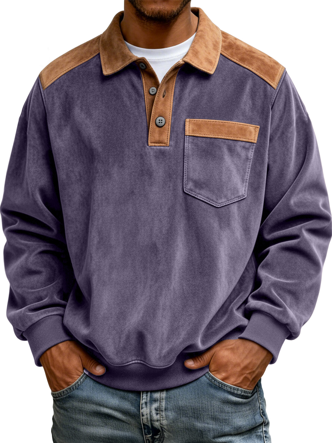 Men's Retro Color Block Suede Casual Pocket Polo Shirt