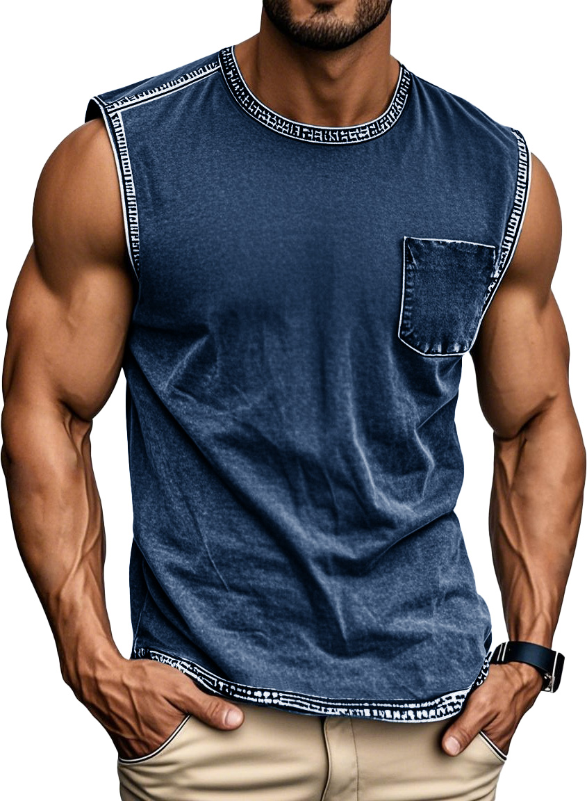 Men's Fashion Retro Distressed Round Neck Pocket Sleeveless T-shirt