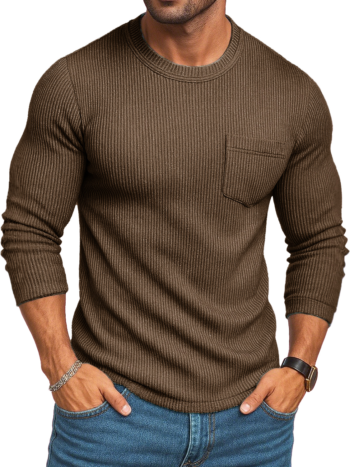 Men's Stylish Casual Retro Round-neck Ribbed Fabric Long-sleeved Pocket T-shirt