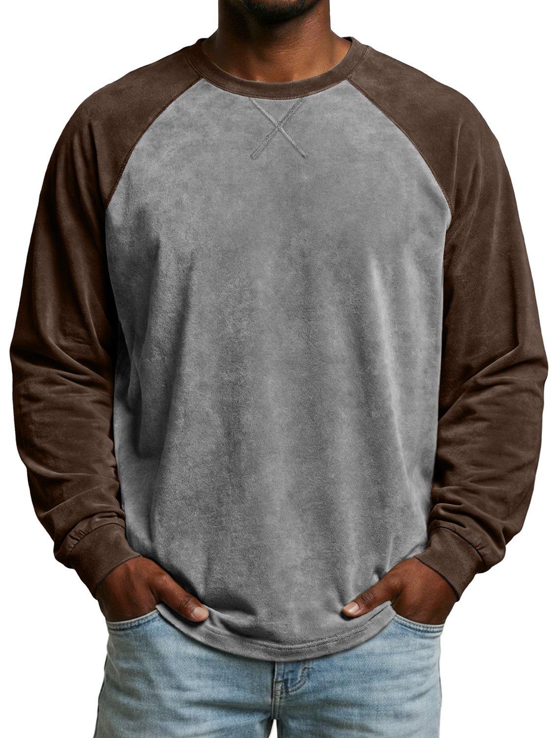 Men's Vintage Suede Patchwork Long-sleeved Casual T-shirt With Criss-cross Design