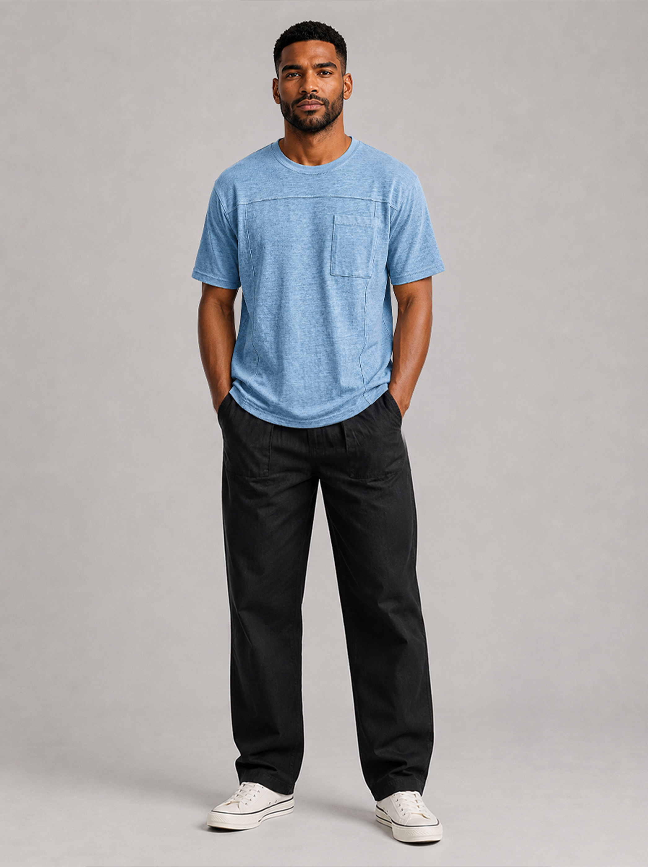Men's Crew Neck Short-Sleeve T-Shirt with Deconstructed Design and Pocket