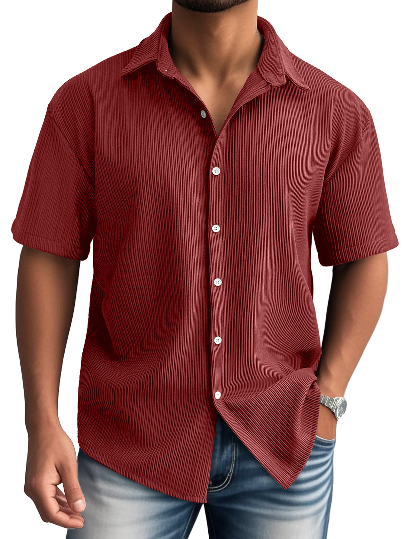 Men's Daily Lapel Ribbed Casual Comfortable Short-sleeved Shirt