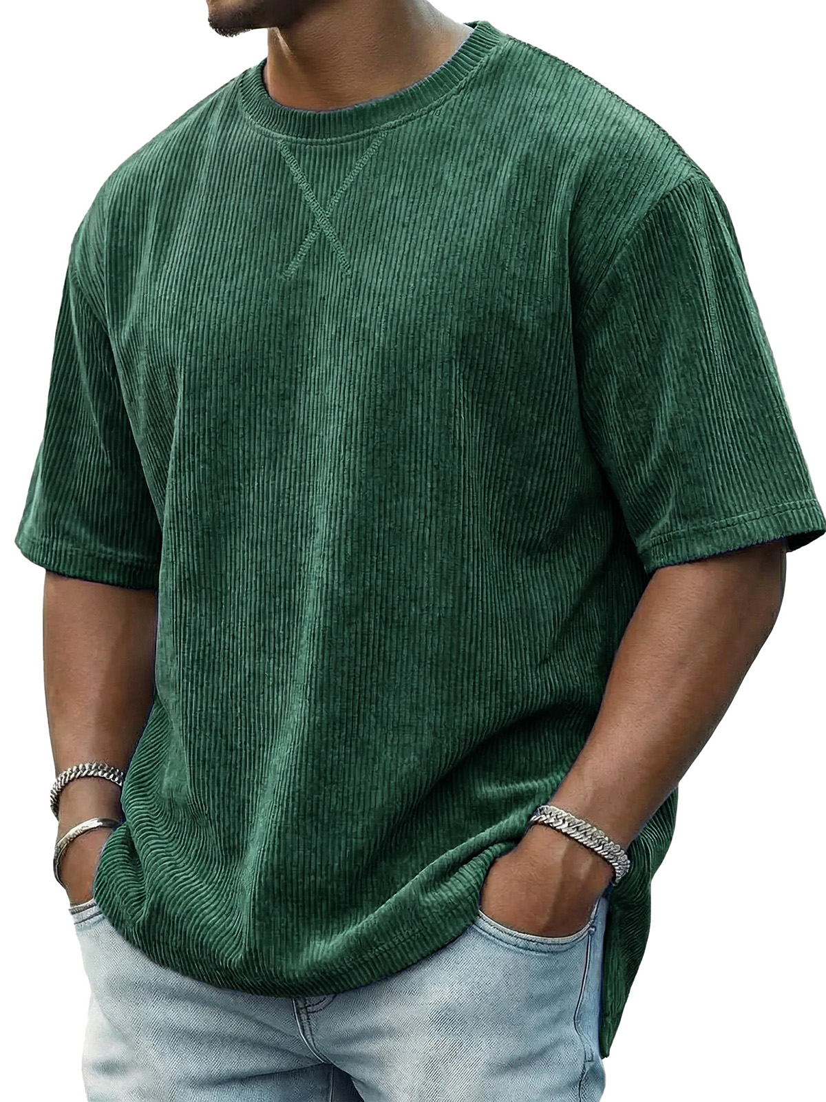Men's Casual Fashionable Ribbed Crew Neck Short-Sleeve T-Shirt