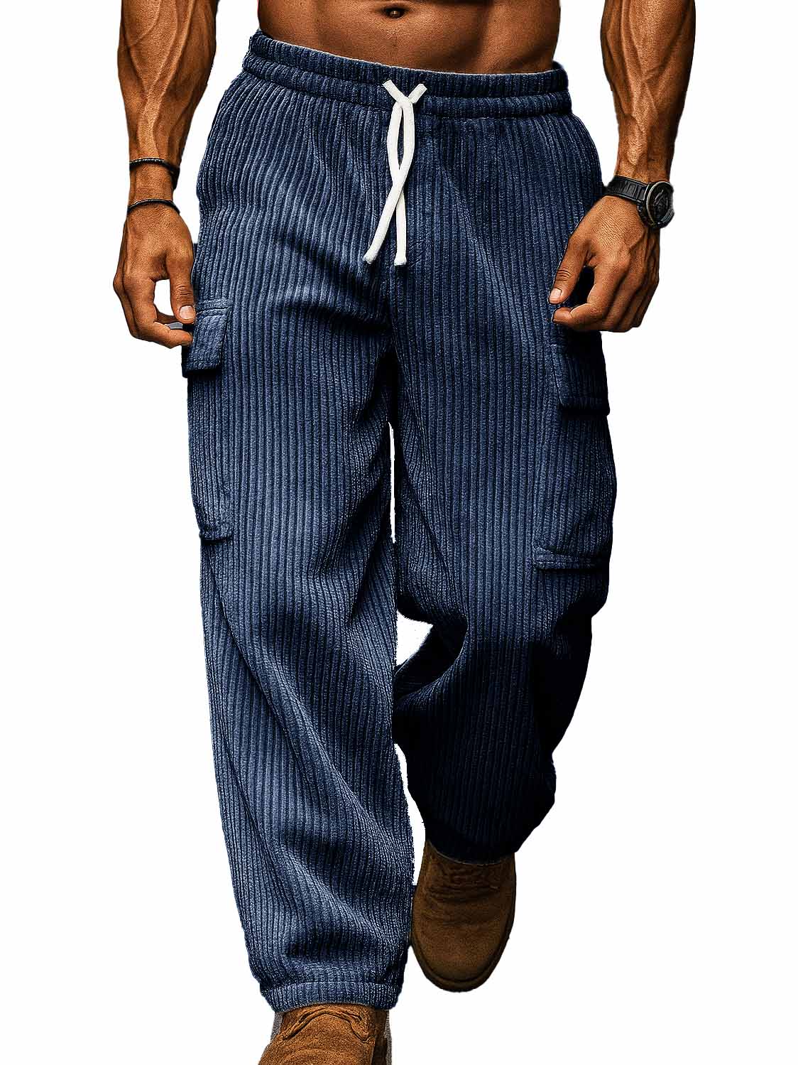 Men's Fashion Casual Workwear Pocket Corduroy Fabric Drawstring Loose Trousers