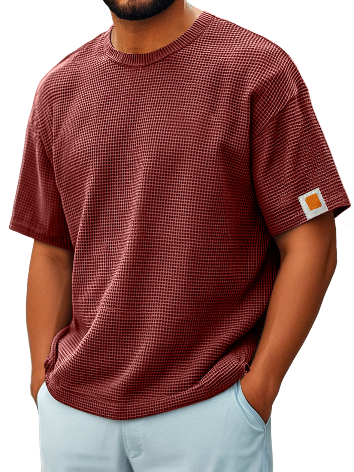 Men's Vintage Crew Neck Waffle Embroidered Logo Comfort Short Sleeve T-Shirt