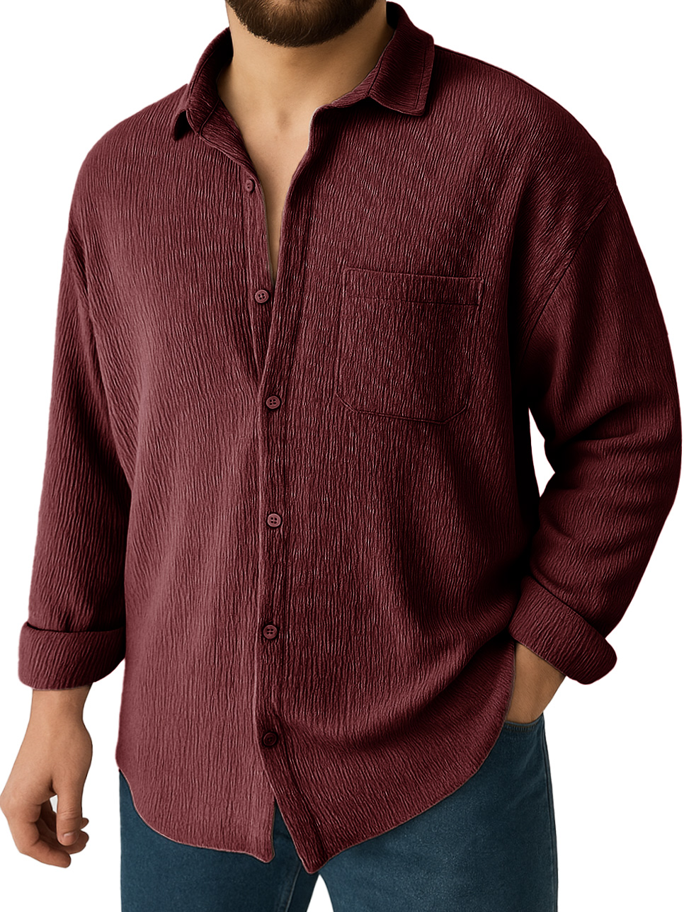 Men's Clothing Fashionable Daily Jacquard Texture Fabric Loose Pockets Long-sleeved Lapel Shirt
