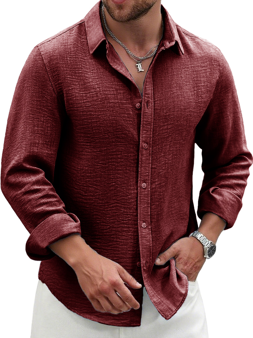 Men's Fashion Casual Pleated Fabric Lapel Long-sleeved Shirt