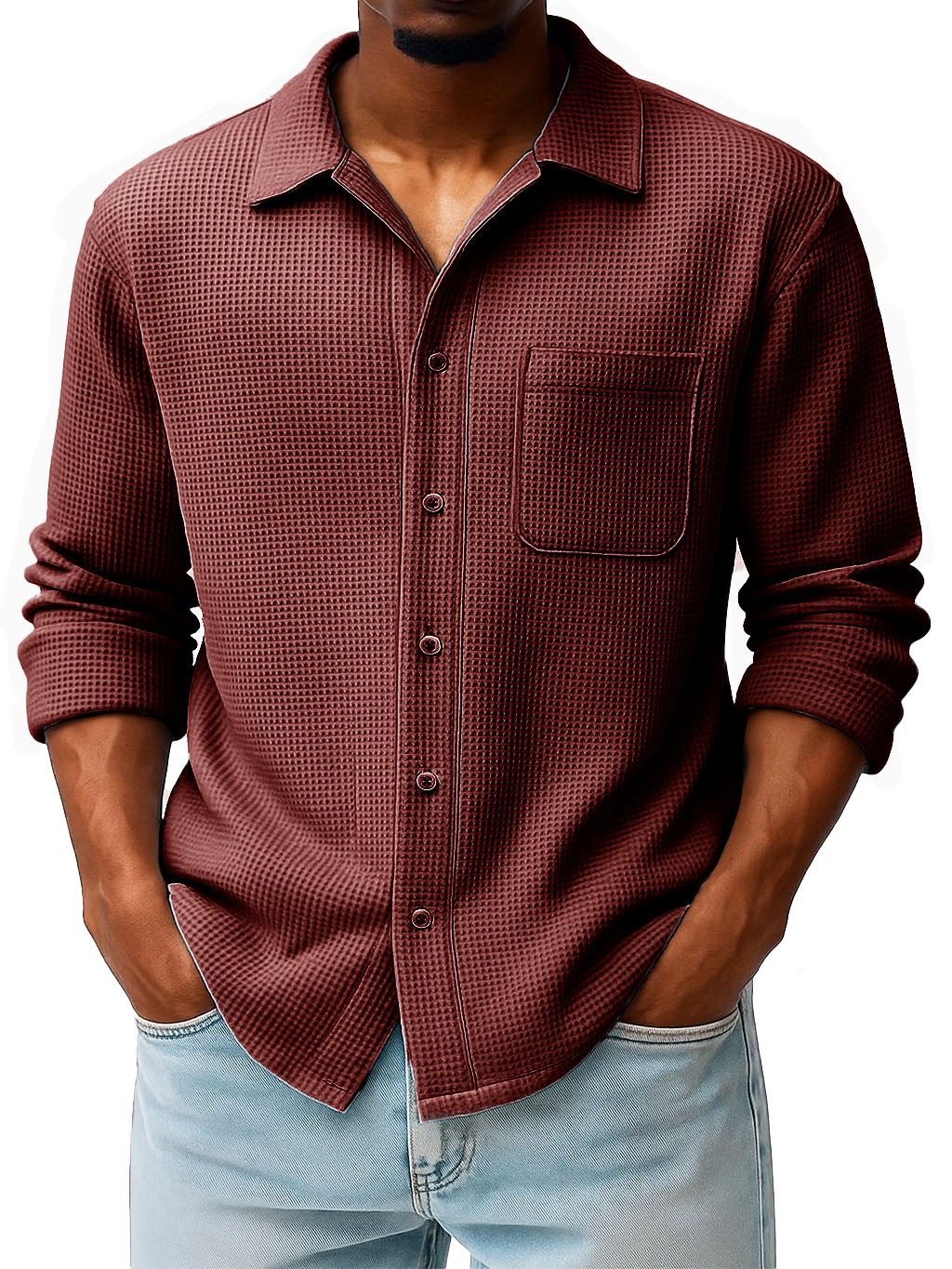 Men's Fashion Casual Waffle Fabric Pocket Long Sleeve Lapel Shirt