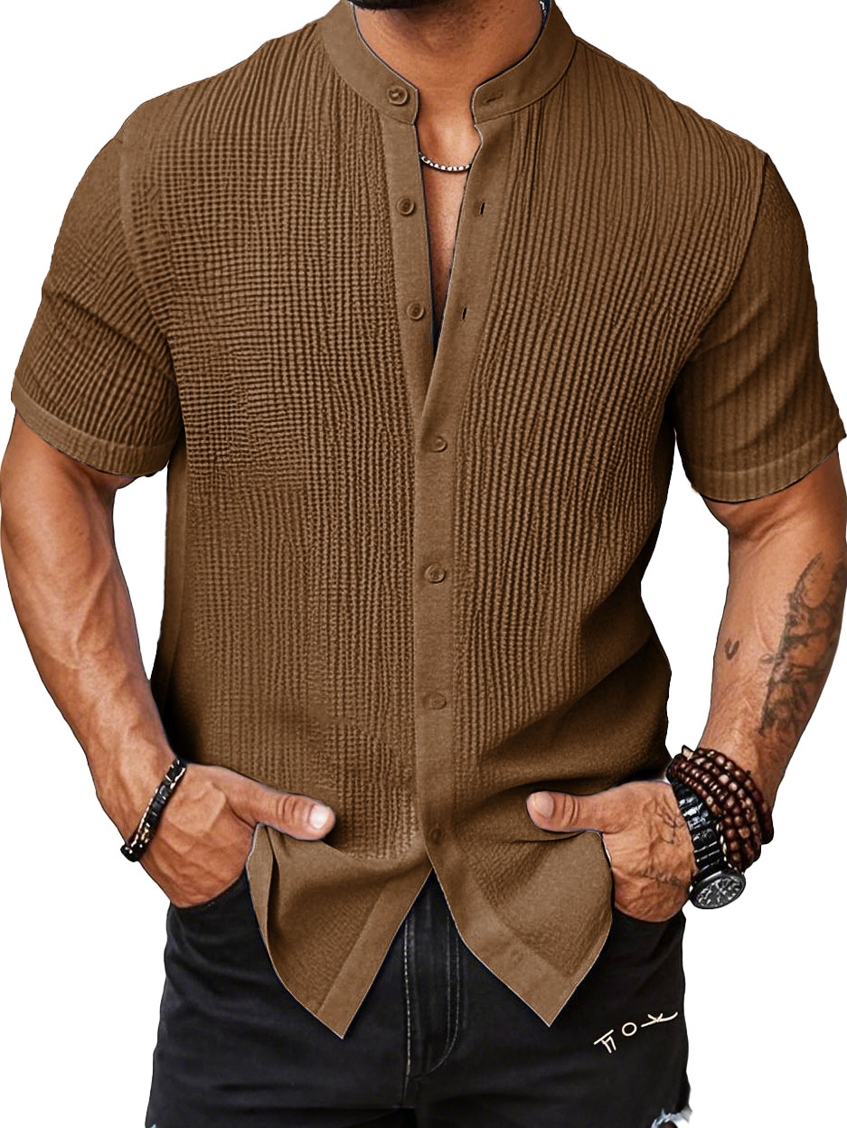 Men's Fashion Casual Bubble Wrinkle Fabric Stand-up Collar Short-sleeved Shirt