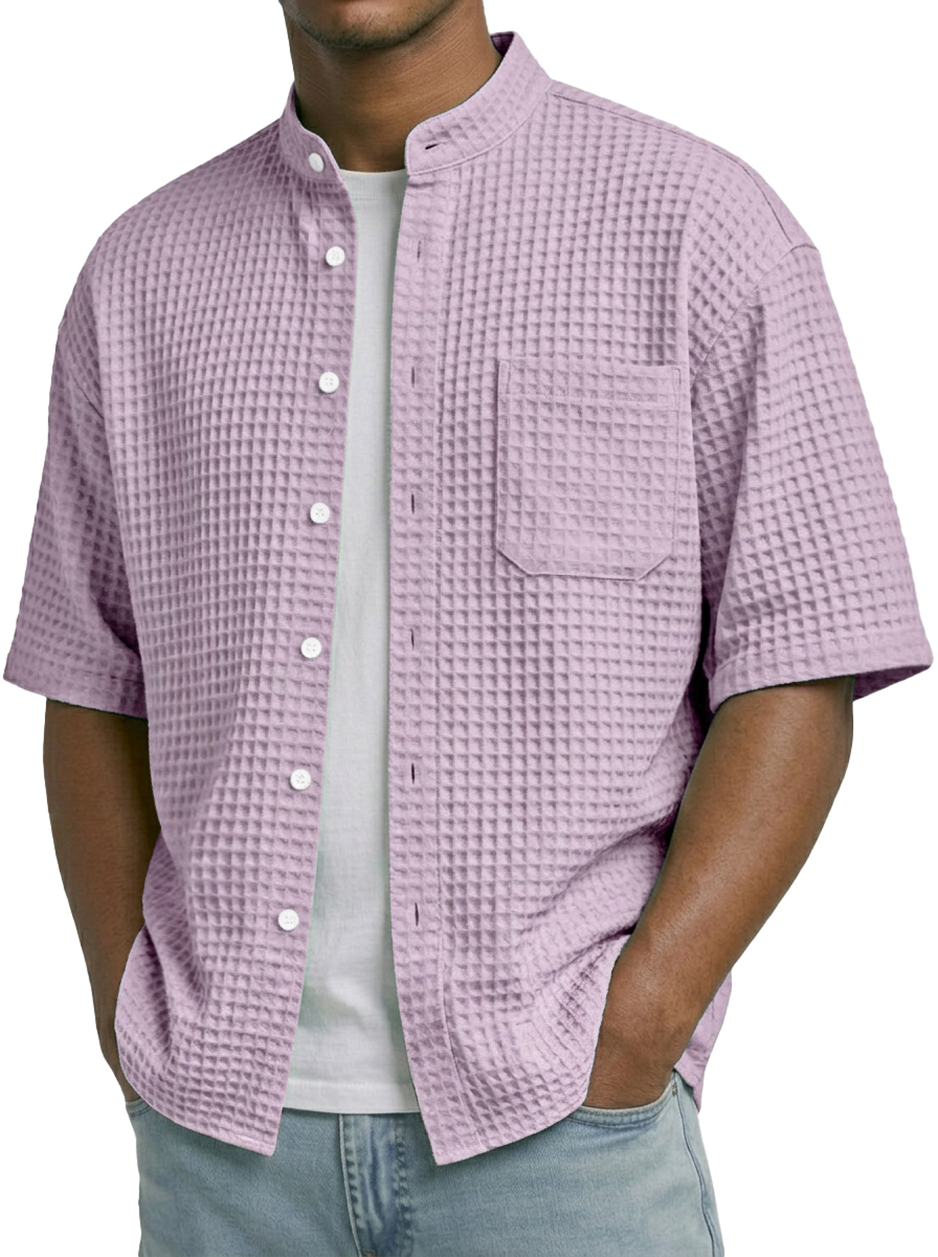 Men's Waffle Collar Stand Collar Pocket Casual Short-Sleeve Shirt
