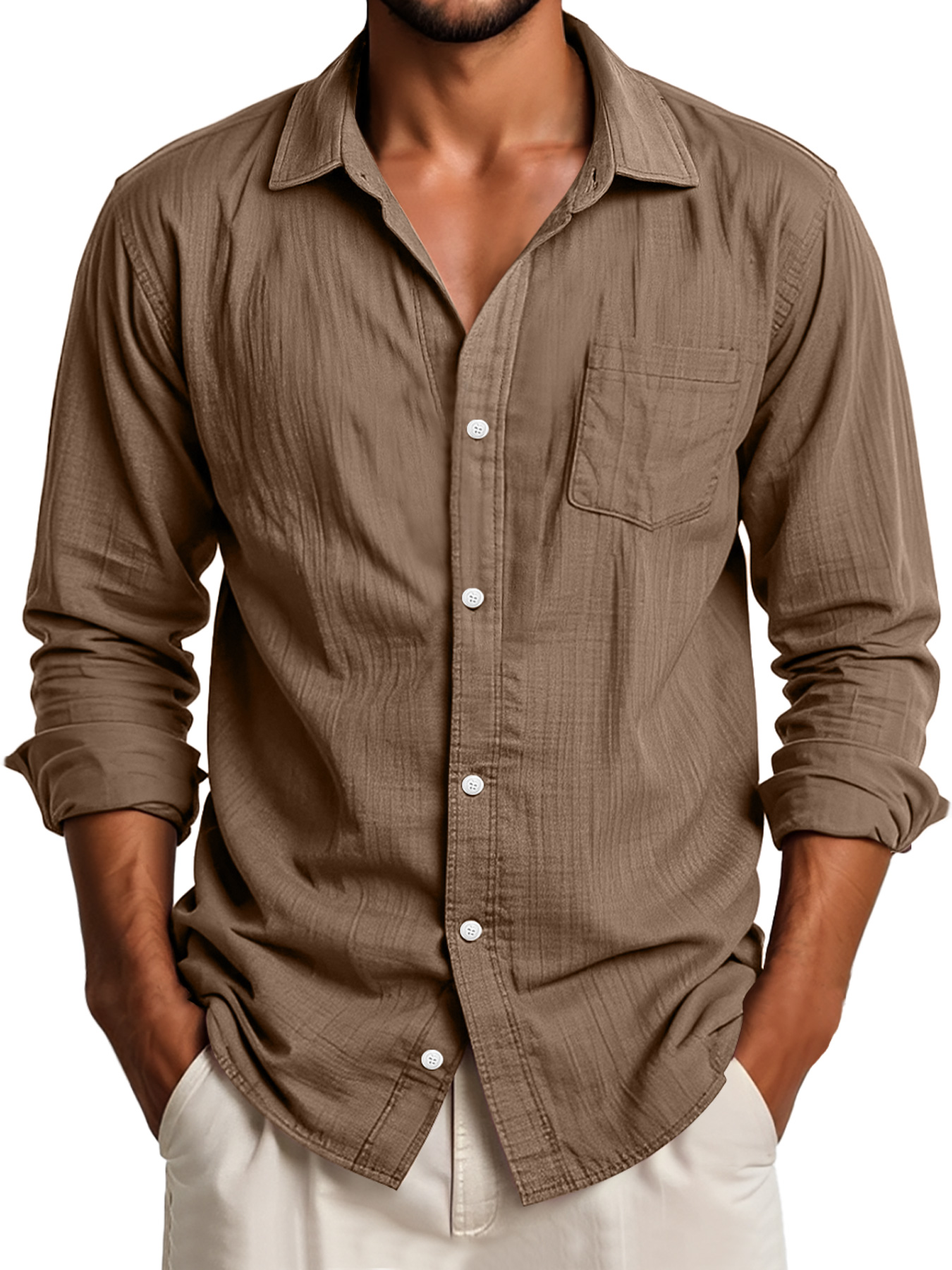 Men's Daily Lapel Pocket Casual Solid Color Long Sleeve Shirt