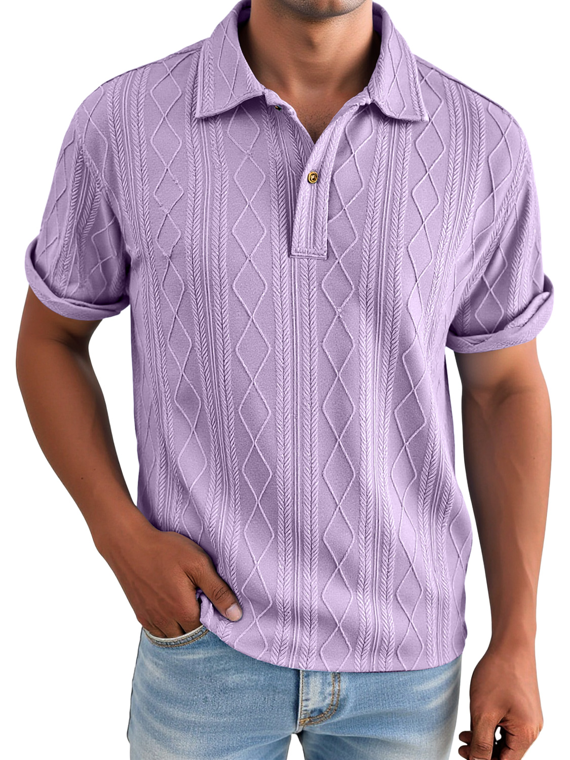 Men's Daily Jacquard Texture Casual Lapel Solid Color Short-sleeved Polo Shirt