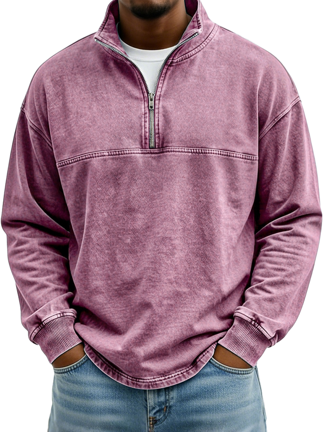 Men's Vintage Stand-collar Long-sleeved T-shirt With Zipper And Contrasting Stitching Design