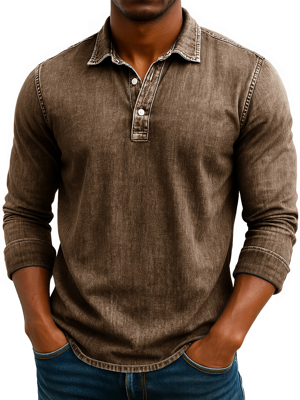 Men's Stylish Retro Washed And Distressed Lapel Long-sleeved Polo Shirt