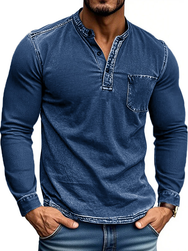 Men's Stylish Retro Outdoor Distressed Pocket Stand Collar Long-sleeved Henley Shirt