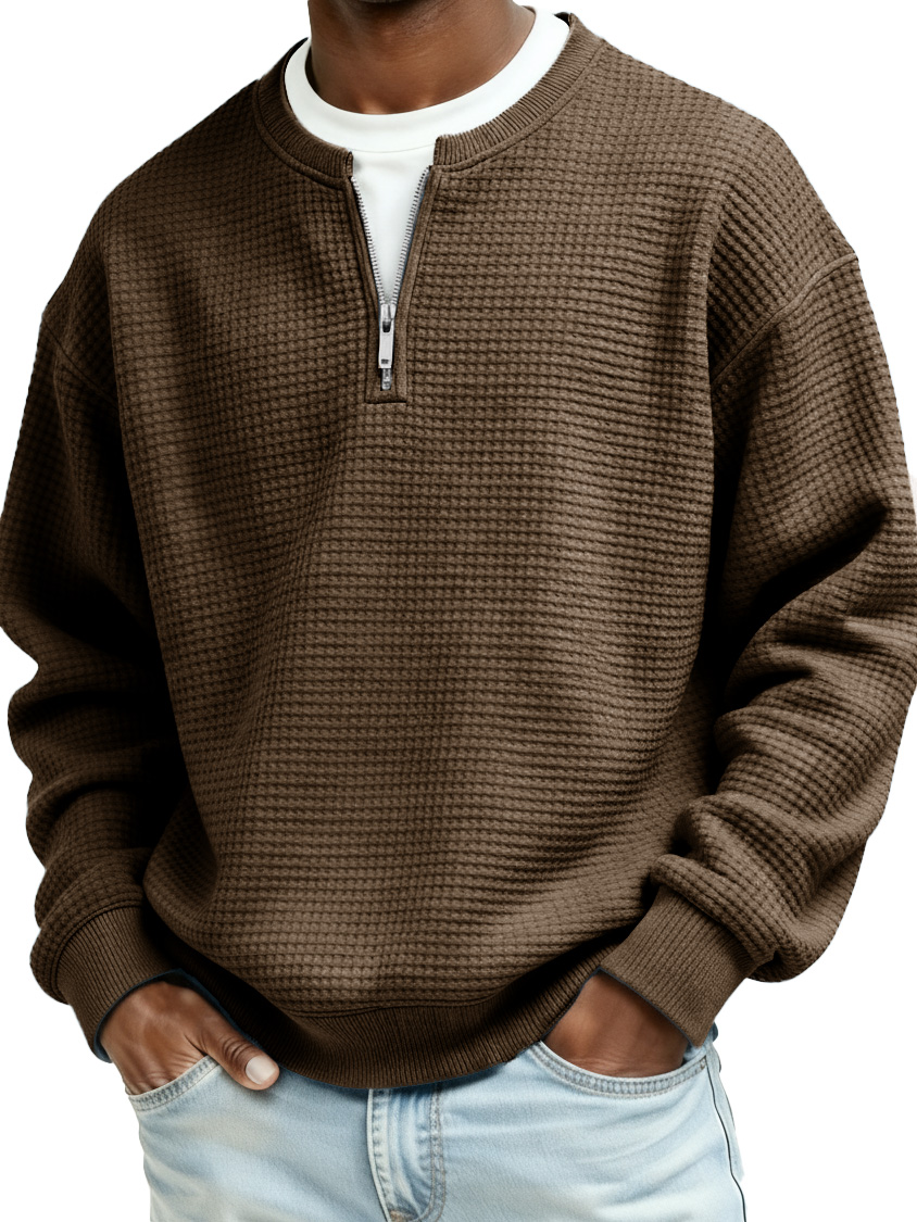 Men's Casual Faux Two-Piece Waffle Fabric Zipper Long-Sleeve Top