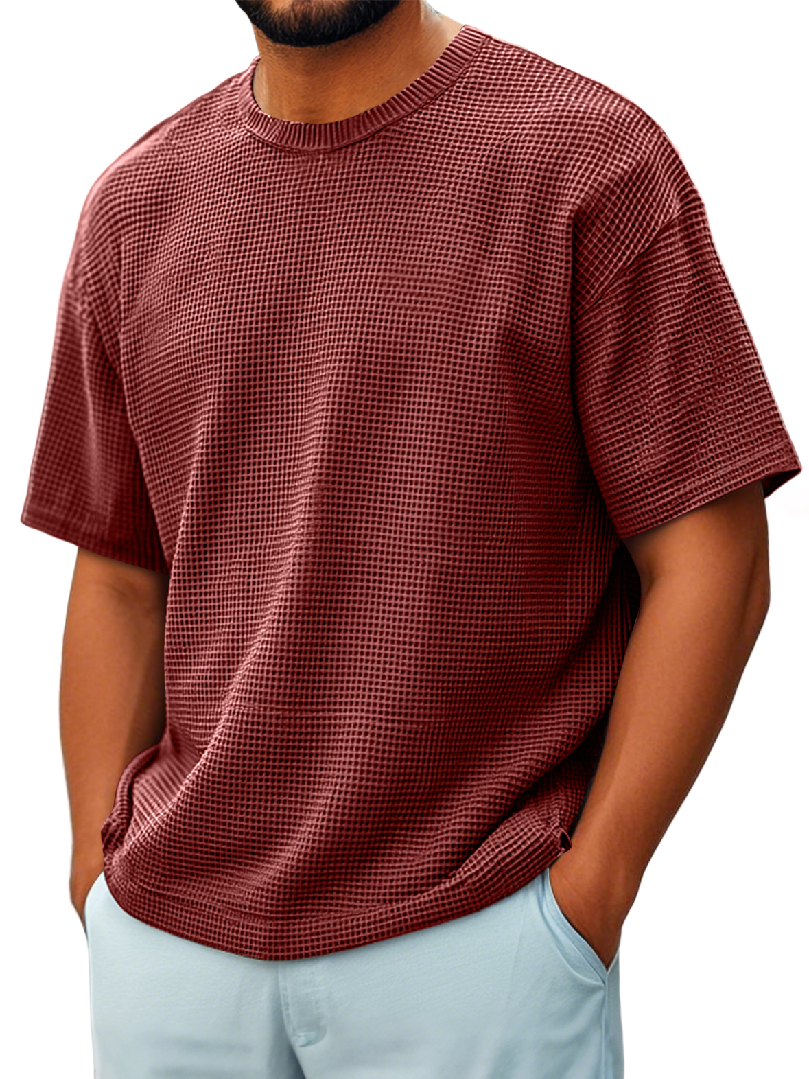 Men's Round Neck Waffle Casual Short-sleeved T-shirt
