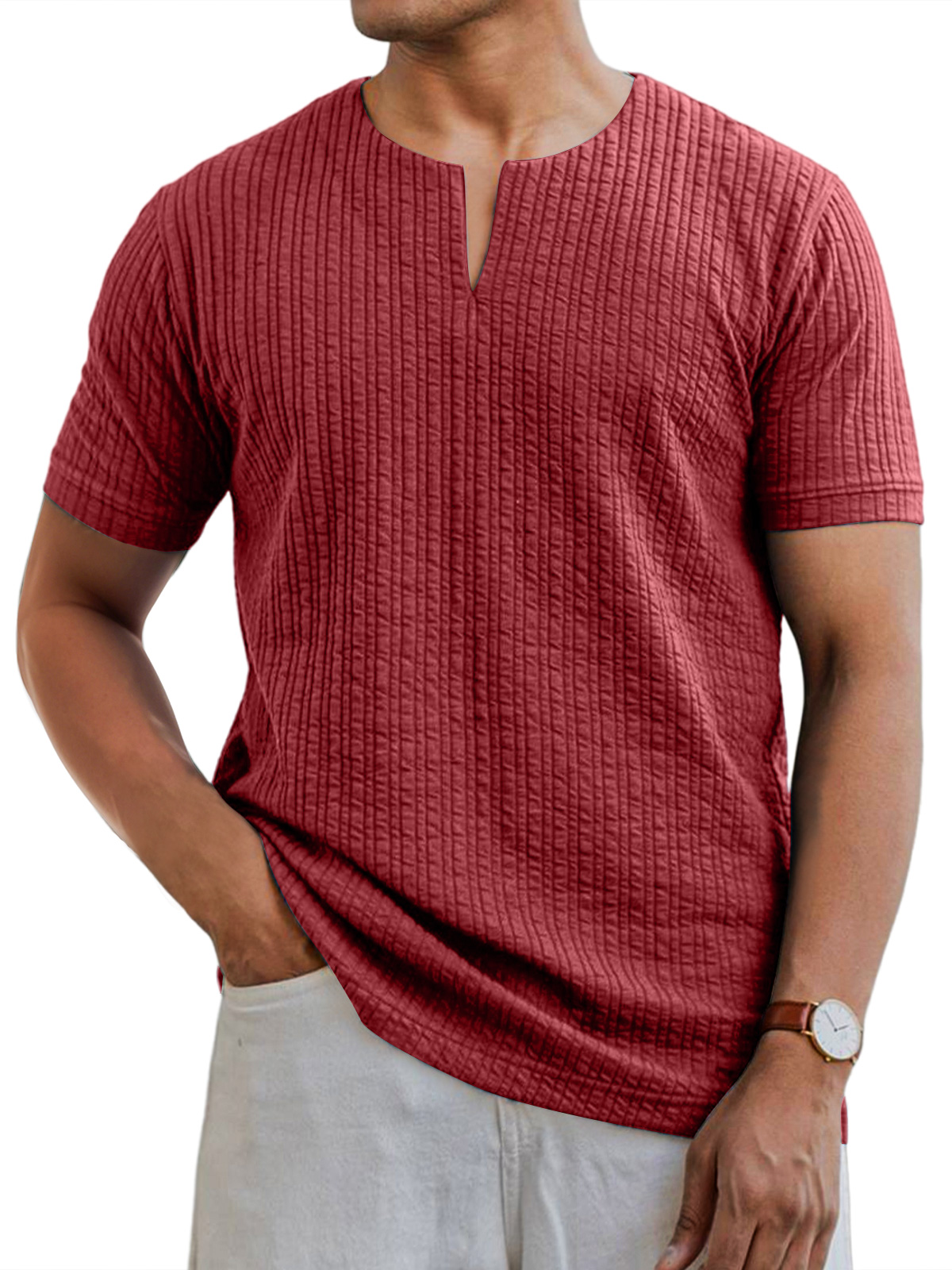 Men's Daily V-neck Pit Strip Casual Solid Color Short-sleeved T-shirt