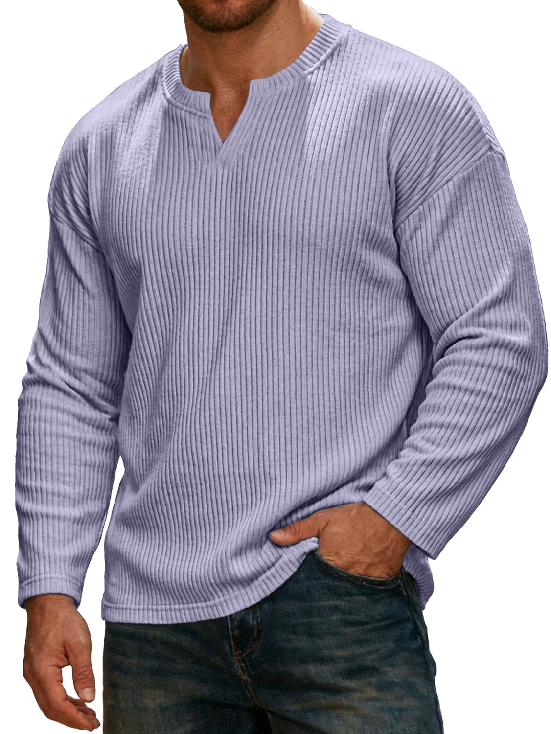 Men's Simple Ribbed V-neck Long-sleeved Casual T-shirt