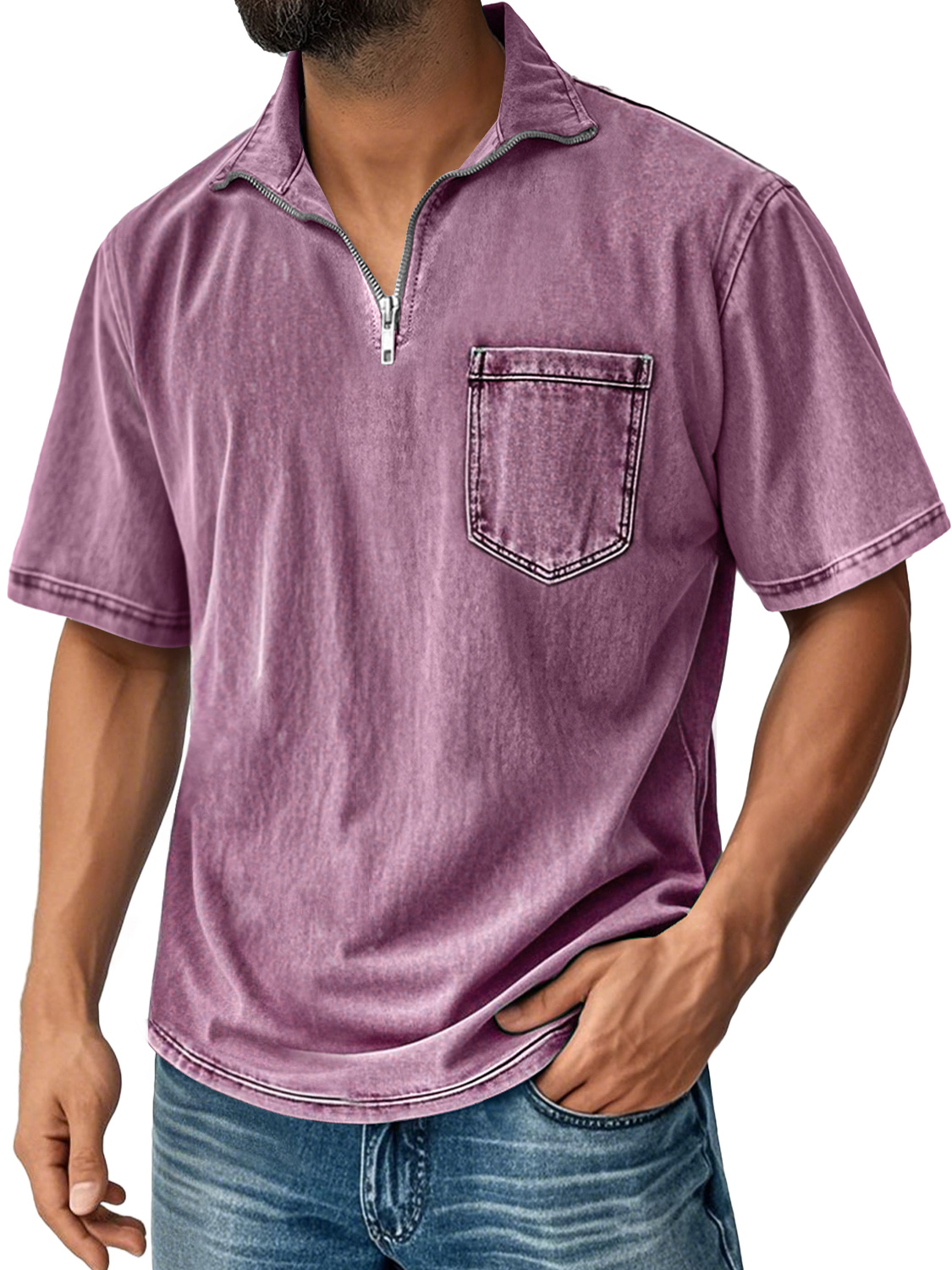 Men's Retro Stand Collar Zipper Casual Pocket Comfortable Short Sleeve T-shirt