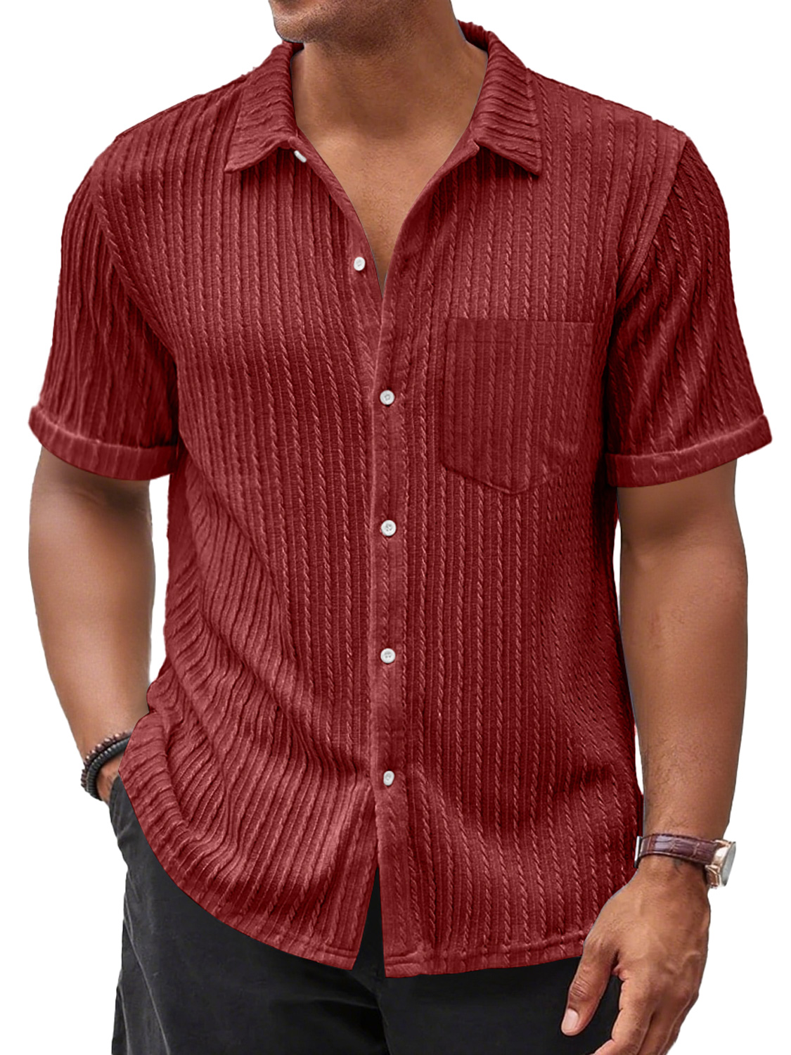 Men's Daily Casual Jacquard Texture Pocket Solid Color Comfortable Short-sleeved Shirt